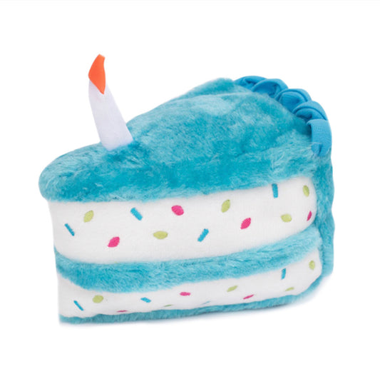 Blue Zippy Paws Plush Birthday Cake with Blaster Squeaker Dog Toy