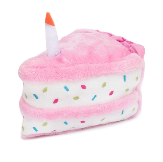 Pink Zippy Paws Plush Birthday Cake with Blaster Squeaker Dog Toy